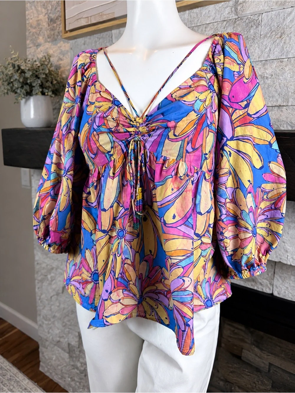 FARM Rio x Anthropologie Floral Puff Sleeve Beaded Tassel Blouse M